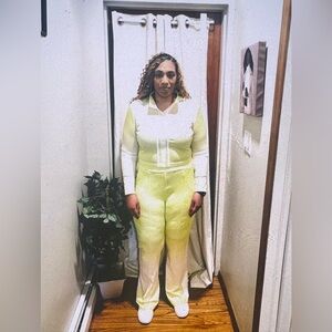 Neon green sweat suit stretch material